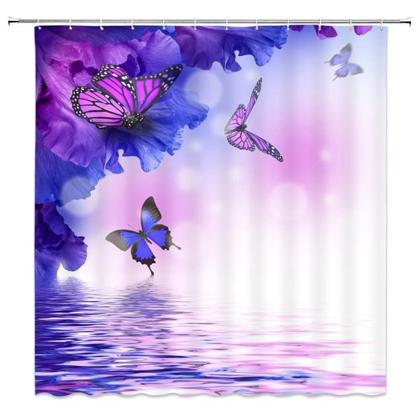 

purple butterfly shower curtain,blossom iris flower butterflies lake water dream spring natural spa scnene fabric bathroom