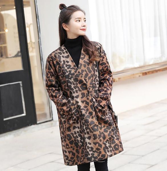 

women's trench coats casual luipaard fur jackets female harajuku thicken leopard jacket women mid-long winter faux coat slim, Tan;black