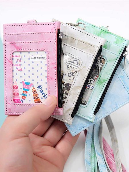 

card holders fashion student kids lanyard holder slim coin purse wallet marble leather id certificate bus door bag, Brown;gray