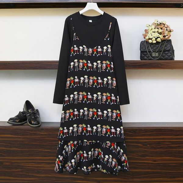 

casual dresses 5xl plus size women cartoon print chiffon dress autumn 2021 cotton long sleeve tshirt patchwork fake two piece ruffle, Black;gray