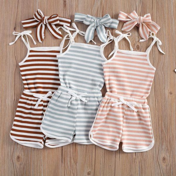 

0-4y toddler baby girl clothes striped 2pcs round collar sleeveless knitted drawstring shorts+headband summer 3pcs set clothing sets, White