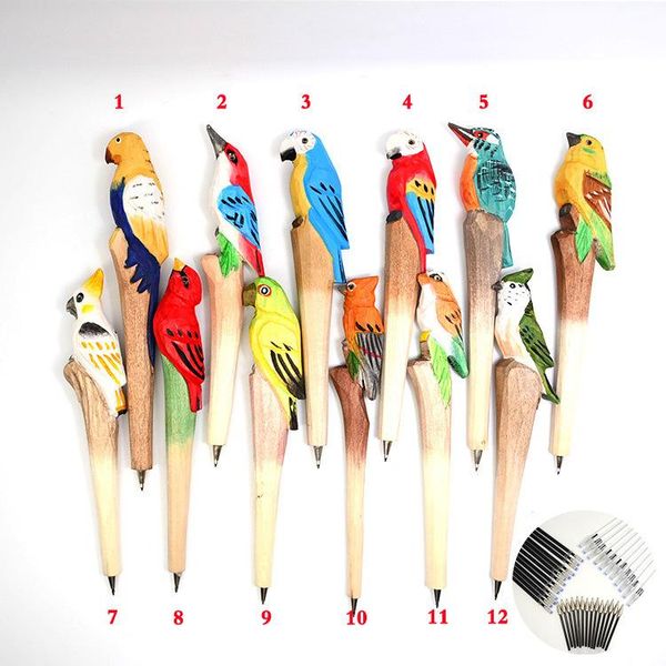 

ballpoint pens 10pcs/lot bird wood carving pen hand-painted craft, Blue;orange