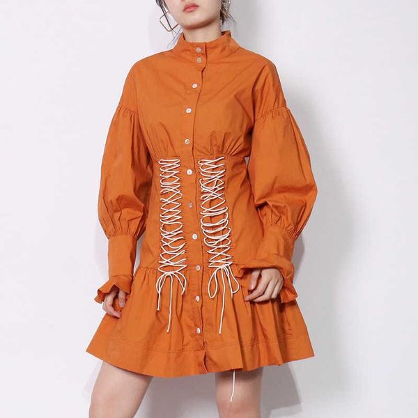 

casual dresses [ewq] korea chic trend women stand collar single-breasted fashion loose tie long-sleeved shirt dress summer 2021 16e1241, Black;gray