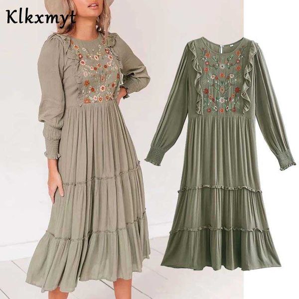

klkxmyt za dress women chic fashion flower embroidery midi vintage long sleeve o neck female es vestidos mujer 210527, Black;gray