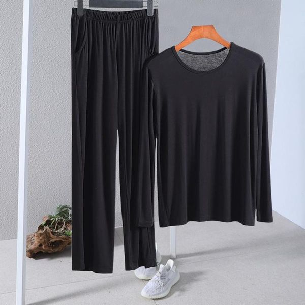 

spring autumn men's modal solid color sleepwear o-neck long sleeve pajama sets casual sleep&lounge pyjamas homewear, Black;brown