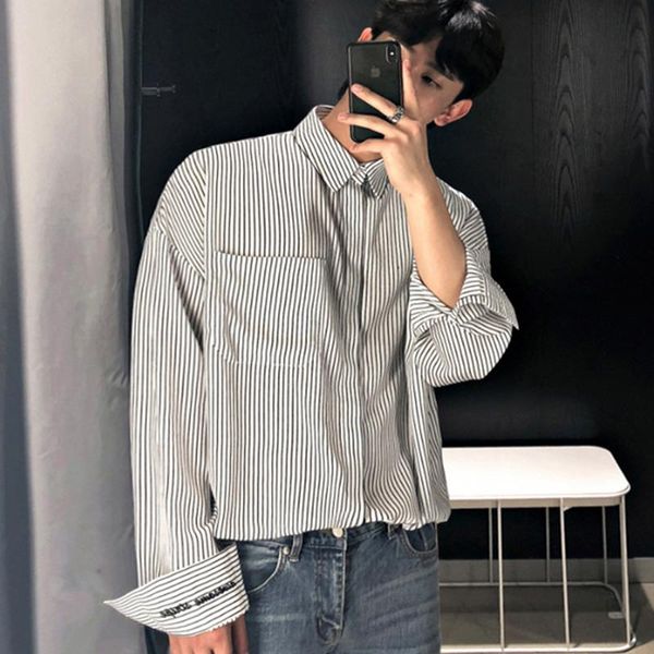 

men's casual shirts korean style striped long sleeve male shirt loose pocket men's 2021 single row button autumn bottoming men, White;black