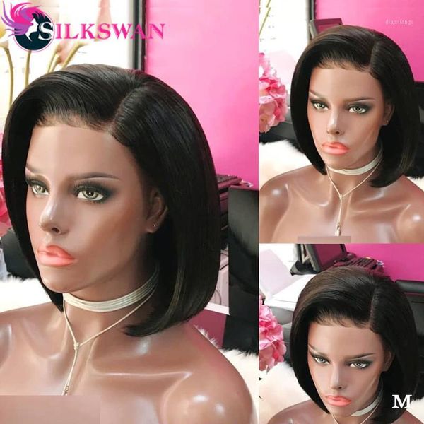 

straight pixie wigs silkswan brazilian remy hair 13*4 lace front preplucked hairline short bob for women #1b1, Black;brown