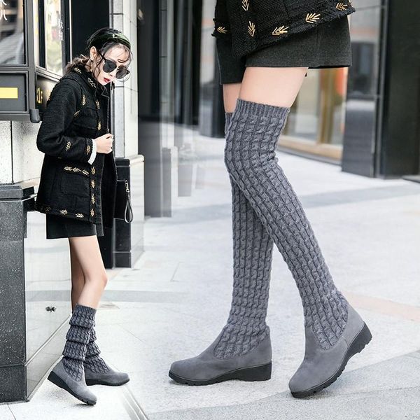 

boots women's autumn and winter over the knee sleek comfort plus cotton flat flock knitting women, Black