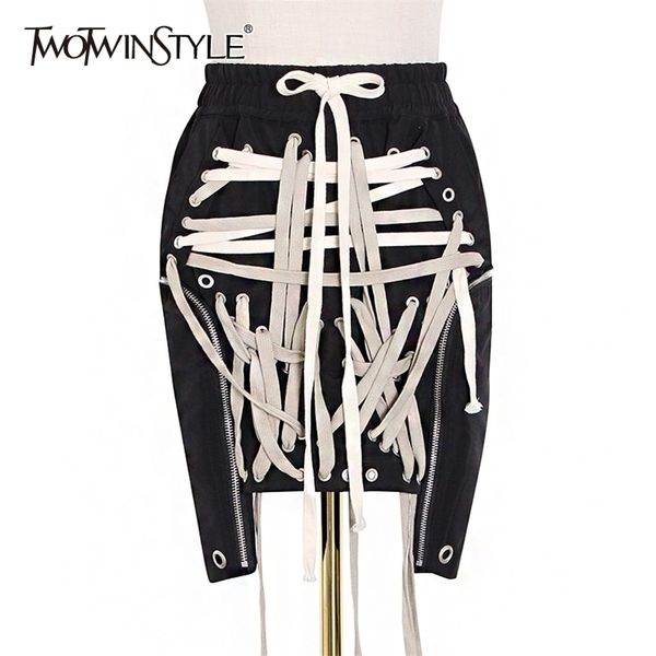 

twotwinstyle lace up bowknot elastic high waist streetwear skirts for women hollow out irregular hem skirt female new 210329, Black