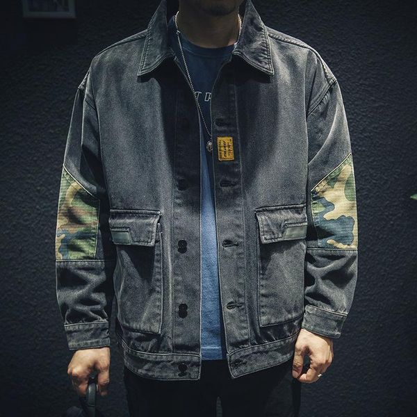

men's jackets jeans jacket men loose logo camouflage cargo large fat trend go with everything fall top, Black;brown