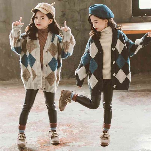 

children's girls sweaters autumn and winter korean plaid knitted cardigan big kids european and american diamond jacket 210913, Blue;gray