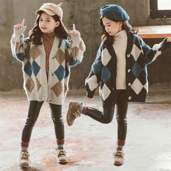 Kinder Mädchen Pullover Herbst und Winter Koreanische Plaid Strickjacke Große Kinder Europäische und Amerikanische Diamant Jacke 210913