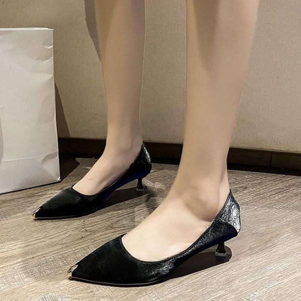 

rimocy fashion metal pointed toe stiletto heels shoes women pu leather slip on pumps woman party footwear dress ladies, Black