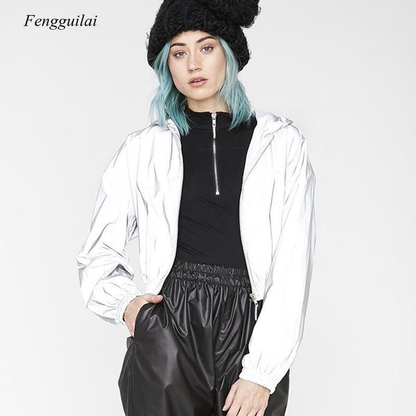 

women oversize jacket reflective windbreaker hoodie zipper up outfit long sleeve solid color wild fashion coat for autumn winter women', Black;brown
