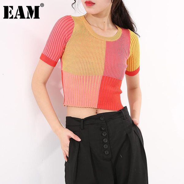 

women's t-shirt [eam] women orange contrast color knitting slim short round neck sleeve fashion tide spring autumn 2021 wl908, White