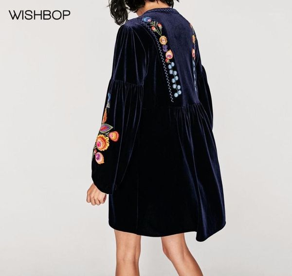 

casual dresses wishbop 2021 autumn ethnic navy velvet mini dress with flowers embroidery v-neck tassels belt long puff sleeves, Black;gray