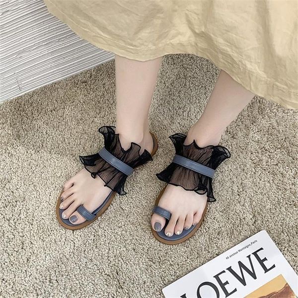 

slippers lace sandals for women 2021 soft flat fashion allmatch folder toe shoes, Black
