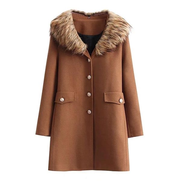 

women's wool & blends stylish women fashion faux fur collar long slim fit overcoat single breasted solid for autumn winter chic outerwe, Black