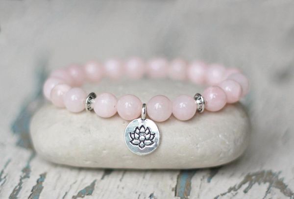 

natural rosequartz yoga bracelet lotus flower self-confidence amulet woman gift for girl wrist mala beaded, strands, Black