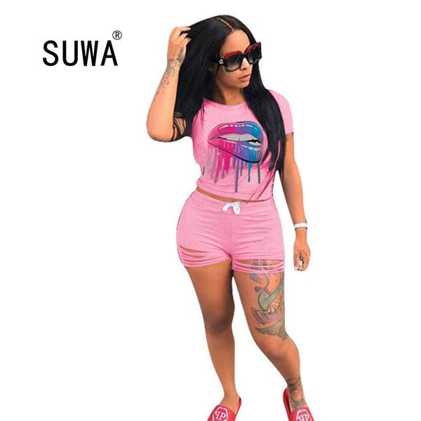 

workout fitness tracksuit women 2 piece lounge set mouth print summer t-shirt tunic + high waisted biker short chic suit women's tracks, Gray
