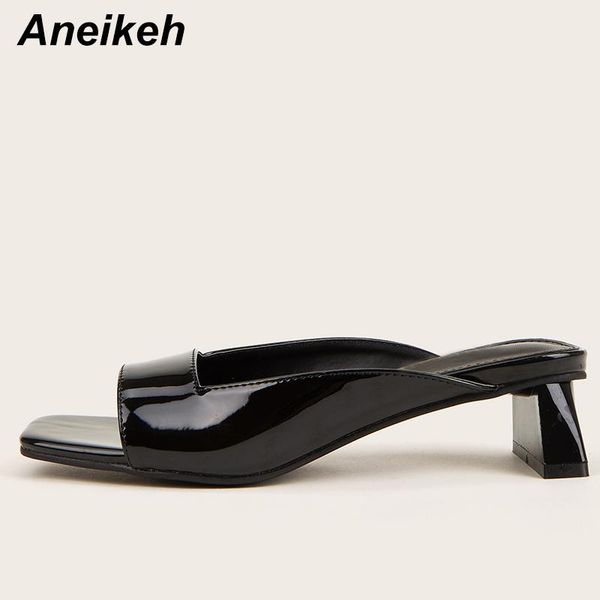 

aneikeh women shoes fashion leisure solid shallow head peep toe 2021 summer square heels slippers zapatos de mujer black 36-43