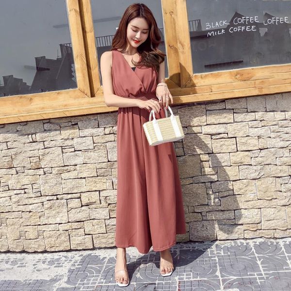 

women's jumpsuits & rompers loose beach ladies pleated holiday wide leg elegant sleeveless casual elastic waist fashion v neck summer w, Black;white