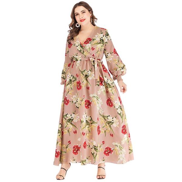 

plus size dresses fridayin autumn/spring women's casual v-neck printed lace-up puff sleeve dress with large swing chiffon a-line, Black