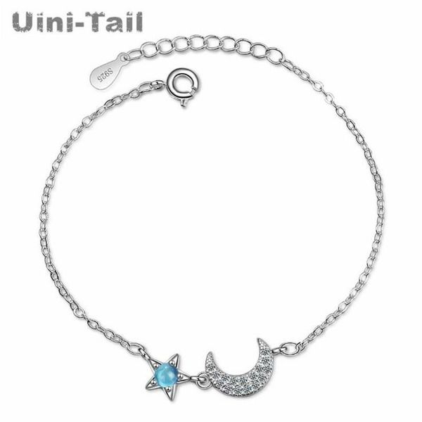 Pulseiras de charme uini-cauda 925 prata esterlina pequena pequena e fresca de cristal azul estrelas da lua com pulseira de bracelete de moda