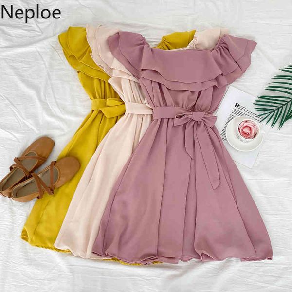 

neploe women's dress sweet a-line solid slash neck bandage dresses ruffles slim waist fashion off shoulder vestidos mujer 4h562 210422, Black;gray