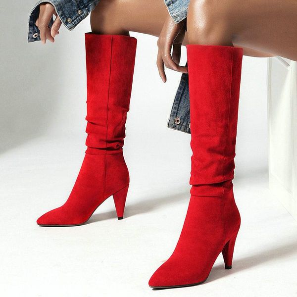 

boots winter women knee high fashionable tapered8cm heel pointed toe ladies western with folds decoration, Black