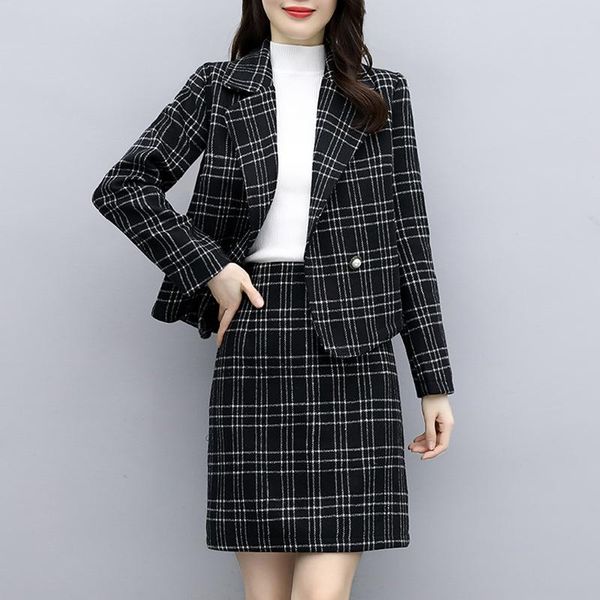 

two piece dress autumn winter retro woolen plaid blazer set coat jacket & pencil skirt 2 pieces suit female office ladies, White