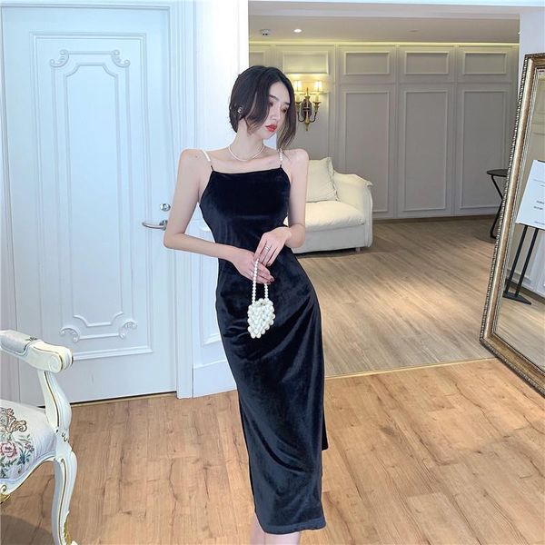 

real s 2021 fashion ladies velvet pearl chain shoulder strap with autumn and winter bottoming thin sling dress casual dresses, Black;gray