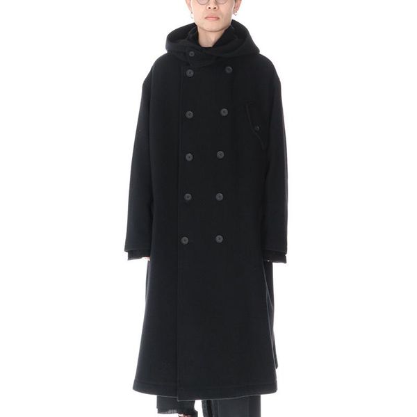 

men's wool & blends tweed coat nizi dark style medium long loose hooded yamamoto yohj large, Black