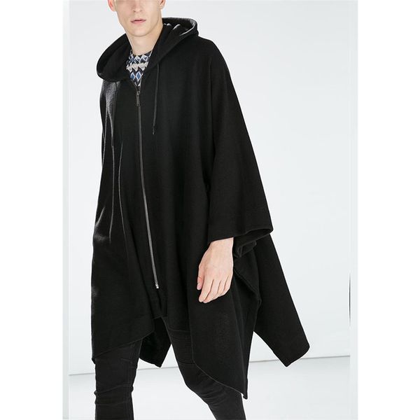 

m-4xl male cape tide with hood trench european and american mid-long bat korean coat big size cardigan personality go ga77, Black