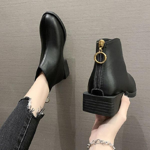 

boots daily commuting temperament ladies spring and autumn fashion short tube zipper round toe black flat sole boots.