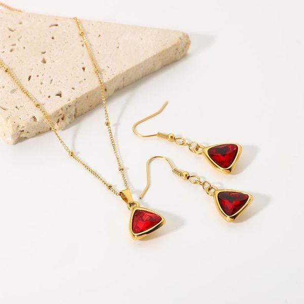 

chains red crystal stone stainless steel jewelry set luxurytriangle charm earrings 18k gold plated cz zircon pendant necklaces women, Silver
