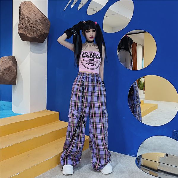 QWEEK Punk Harajuku Pantaloni a scacchi Donna Goth Hippie Pantaloni scozzesi Pantaloni cargo hip-hop Indie Estetica anni 2000 Pantaloni larghi coreani 210319