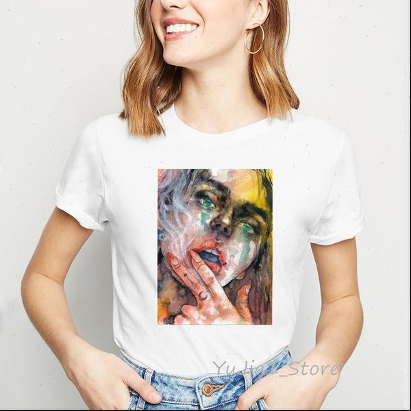 

vintage womens t shirt women aesthetic clothes haut femme vogue lady smoking tshirt camiseta mujer harajuku streetwear, White