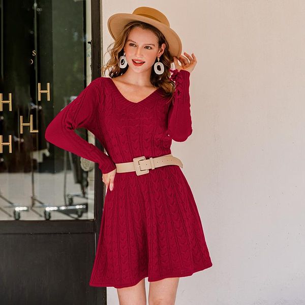 Elegante Herbst Winter Frauen Pullover Kleid Warme Casual Weibliche Solide Strick EINE Linie V-ausschnitt Burgund Stricken 2021 Kleider