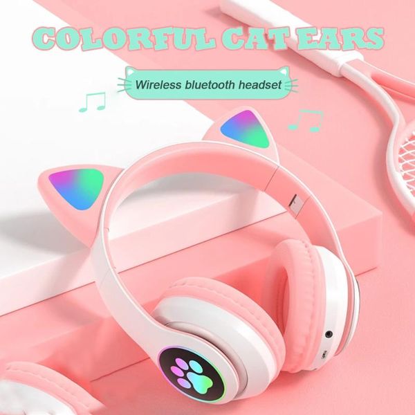

flash light kawaii cat headphone stn-2 bluetooth wireless headset with mic led stereo bass music earphone gift for girl headphones & earphon