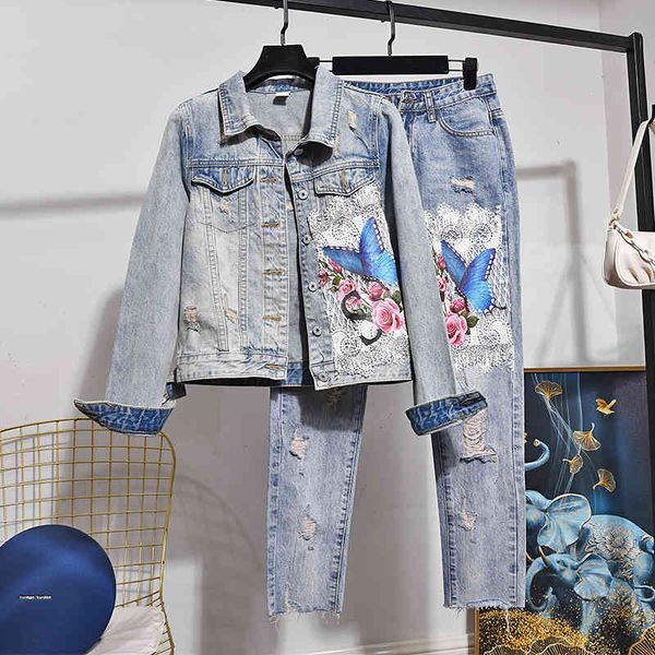 

pant korean diamond embroidery back print denim set women streetwear short jacket pencil pants 2pcs female fashion jeans suit, White