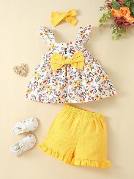 

baby floral print ruffle trim bow & shorts & headband she, White