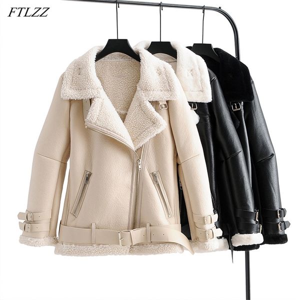 

winter women faux lamb leather jacket turn down collar wool fur pu moto zipper warm thick outerwear 210430, Black