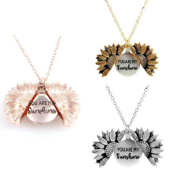 

pendant necklaces vintage metal flower plant necklace women elegant you are my sunshine locket open long sweater boho jewelry, Silver