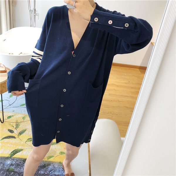 

2021 early autumn tb new korean loose four bar stripe v-neck medium and long knitted cardigan sweater coat women, White;black