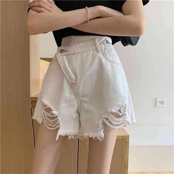 Retro alta cintura calça jeans shorts mulheres verão chique branco denim rasgado sexy harajuku streetwear calças 210601