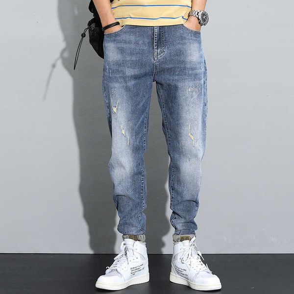 

men's jeans korean style fashion retro blue slim fit elastic ripped streetwear hip hop denim harem pants etup