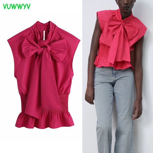 Vuwwyv Moda Pink Poplin Ruffle Top Mulheres Verão Laço Laço Smock Design Mulher Blusas Elastic Hac Sem Mangas Tops 210430