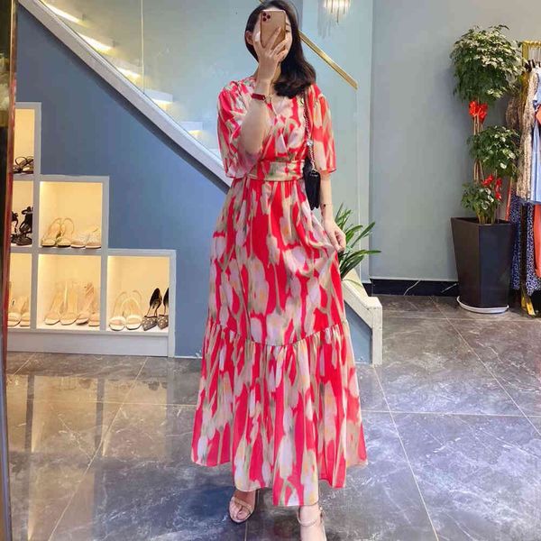 

runway dresses european and american summer catwalk high-quality printed ruffled dress abbk, Black