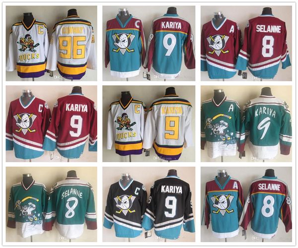 

men women youth anaheim ducks hockey jerseys 8 teemu selanne 9 paul kariya 96 charlie conway mighty of anaheim 1995-1996 vintage, Black;red